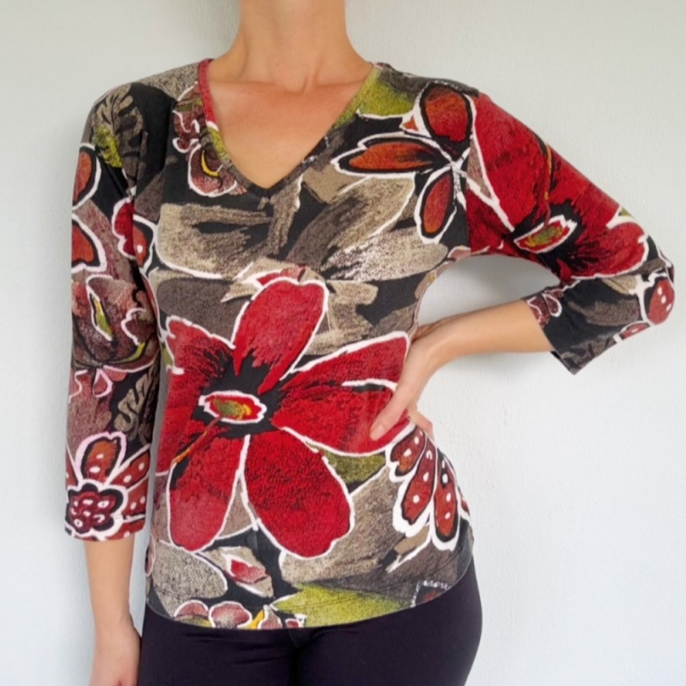 Vintage Tantrums red floral print v-neck 3/4 sleeve cotton blouse size medium
